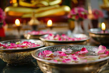 Scented water bowls with floating flowers for Songkran