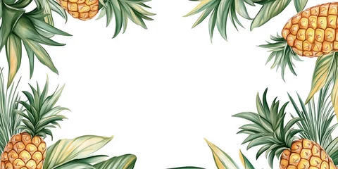 Fotobehang Draufsicht auf einen Rahmen mit Ananas und mit Platz für Text in der Mitte - Werbeschild - Flyer © Twopictures