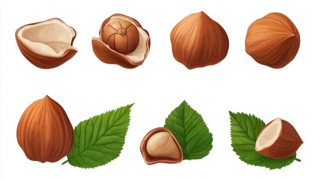Hazel nut set. Isolated flat hazelnut in shell and peeled with leaves sketch icons. Natural healthy hazel nut organic food collection. Vegetarian diet snack vector illustration