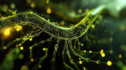 Abstract Green Circuit Board DNA Strand, Neural Network, Digital Biology, Technological Innovation