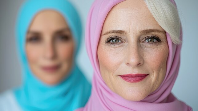 Two women in head scarves, close-up portrait, neutral background. Possible use Stock photo for social media, articles about culture, diversity, community