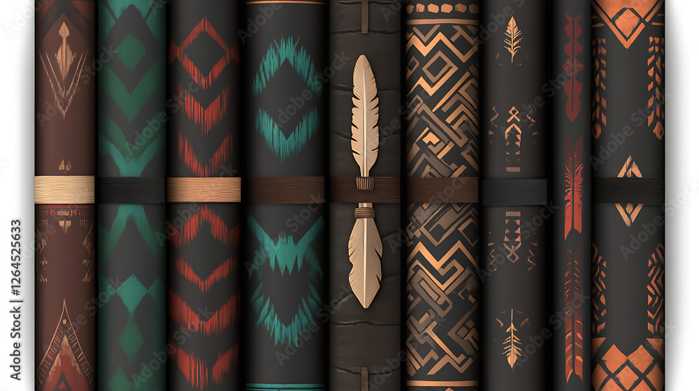 Aufkleber indigenous textile rolls with feathers and geometrical patterns decorative design art display