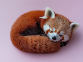 A Red Fox Curled Up and Sleeping Peacefully on a Soft Pastel Lavender Background, Capturing the Calm and Serenity of the Wild Fox in Rest.