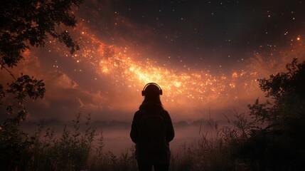A person wearing headphones stands in the wilderness, gazing at the stars and galaxies with misty clouds floating above their head. 