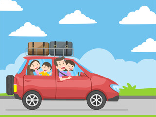 Family Road Trip. Happy family traveling by car. Father, mother, son and daughter. A trip to the countryside. Vector flat style illustration. Travelling by car.