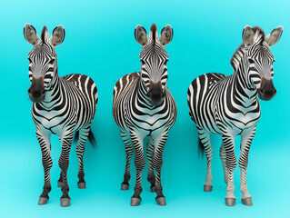 Fototapeta premium A Zebra Standing Sideways, Showcasing Its Iconic Black-and-White Stripes, Set Against a Bright Cyan Background for a Stunning Wildlife Photography Moment.