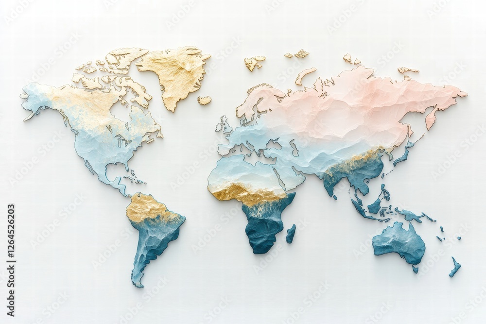 Poster world map relief art showcasing geographical features in pastel colors and three dimensional design.