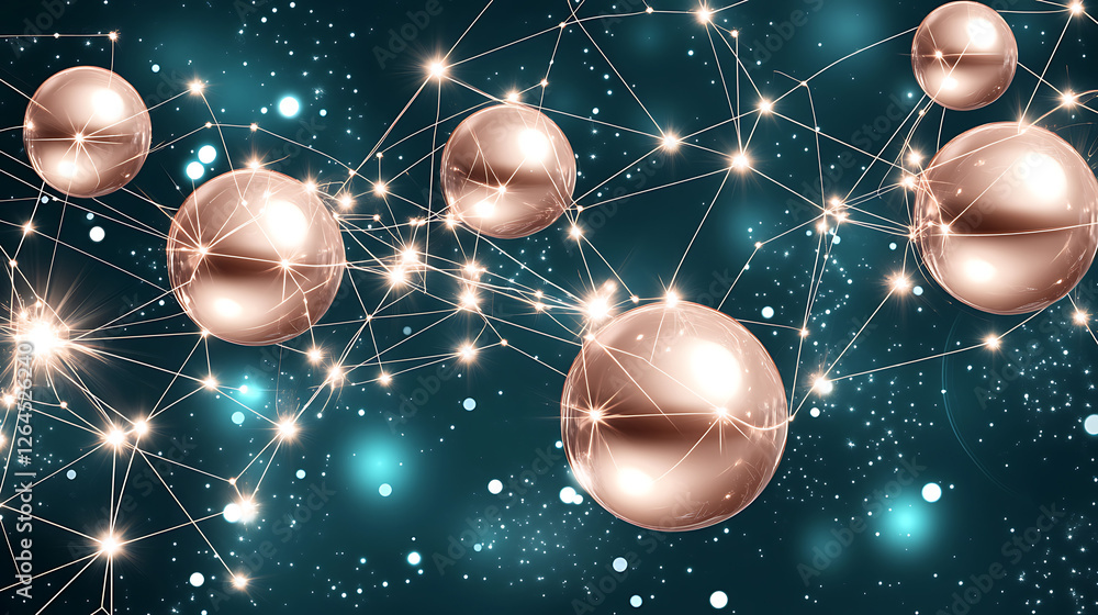 Poster interconnected spheres in a geometric network with sparkling nodes on a teal backdrop