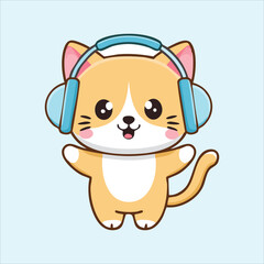 Fototapeta premium Kawaii chibi cat with headphones, nodding to the music