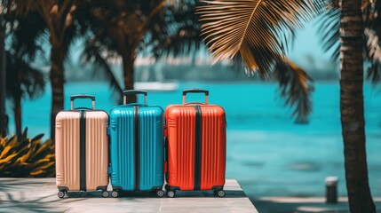 Colorful luggage arranged on a tropical beachside, with palm trees and ocean in the background