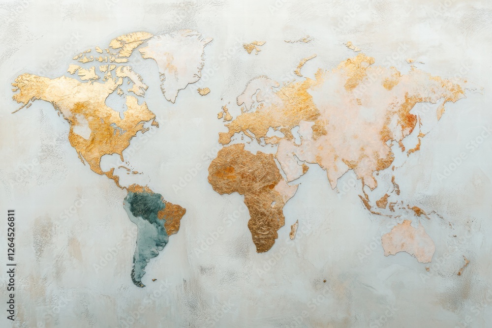 Poster world map featuring gold and teal accents on a textured background displaying continents and countri