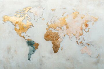 World map featuring gold and teal accents on a textured background displaying continents and countries. Generative AI