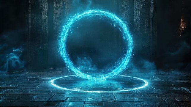 Energy spinning circle with blue glowing rays. Fantasy portal, magic twirled teleport on floor iod illustration. Effect energy ray teleport futuristic illustration