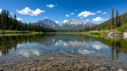 Serene Mountain Lake Reflection Under a Summer Sky