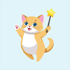 Chubby kitten levitating with a tiny magic wand in its paw