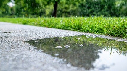 Rain puddle on sidewalk, green grass background, summer shower, weather