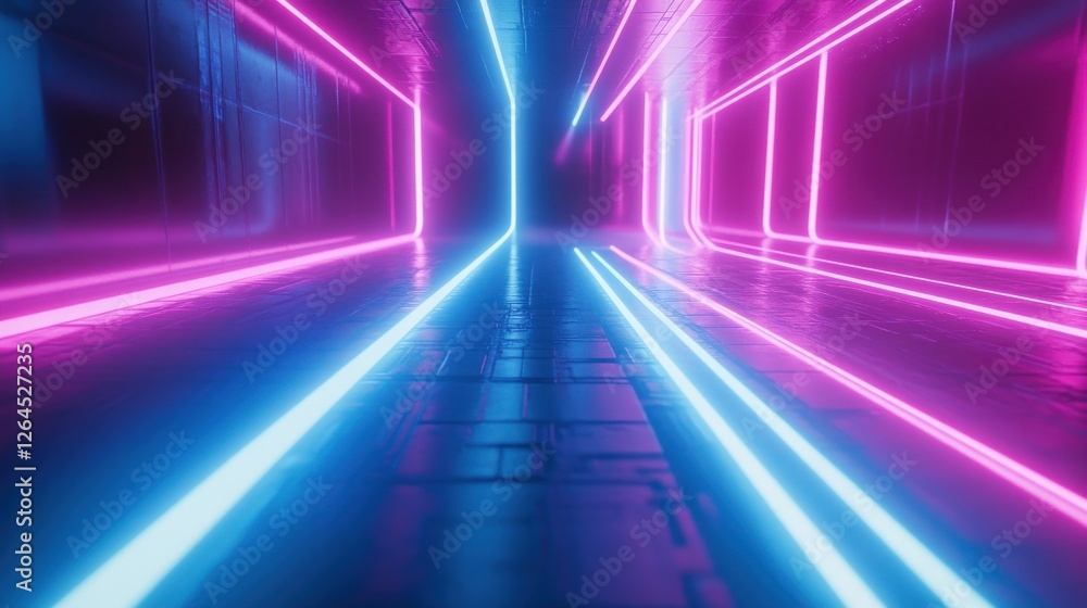Poster close-up view of a circuit board with neon gradient lines in blue and pink on a dark background