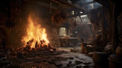 Intense Flames Consume a Traditional Wooden Kitchen Bright Embers Flying Amidst the Fiery Destruction