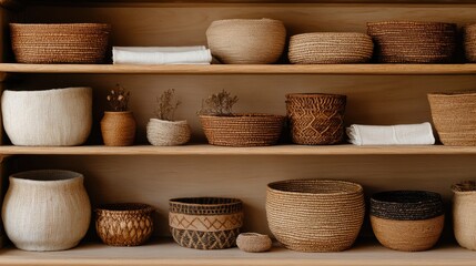 Fototapeta premium Crafted bowls and pots display unique textures and earthy tones