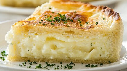 Creamy cheese pie slice on a white plate with herbs, set in a bright kitchen environment