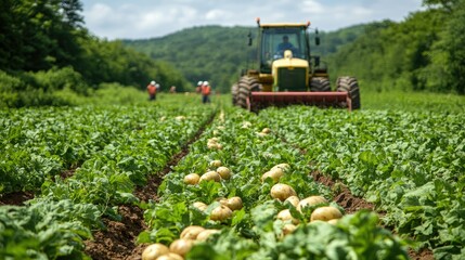 Farmers cultivating a squash field with a tractor in the background under a clear sky