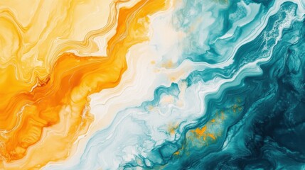 Watercolor abstract background on canvas with a dynamic mix of mustard yellow, teal and burnt orange