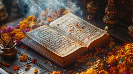 Ancient Scripture: A Spiritual Setting with Incense and Flowers