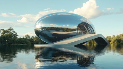 Futuristic Egg-Shaped Cultural Center Reflecting in Tranquil Waters with Cinematic Ramp Entrance - Ultra-Detailed Space-Age Architecture