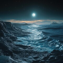 Fototapeta premium Serene Moonlit Ocean Waves Crashing Against Rocky Shoreline at Night