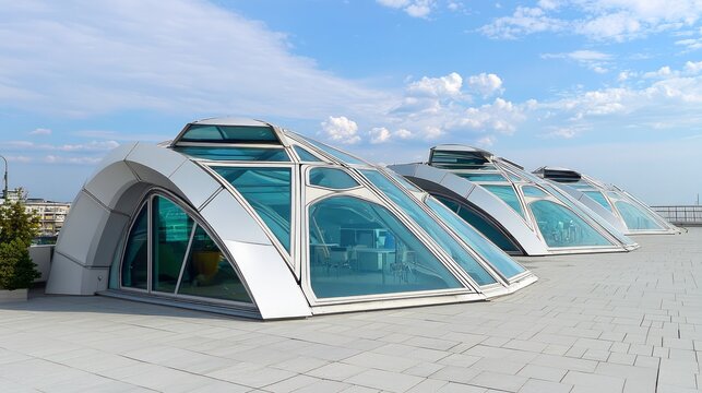 Futuristic Hyperbolic Paraboloid Rooftop Design with Glass Skylights resembling Cinematic Alien Spacecraft | Ultra-Detailed Space-Age Architecture