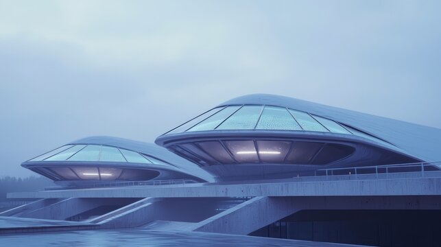 Futuristic Hyperbolic Paraboloid Rooftop Architecture with Glass Skylights Resembling Alien Spacecraft Cinematic Image