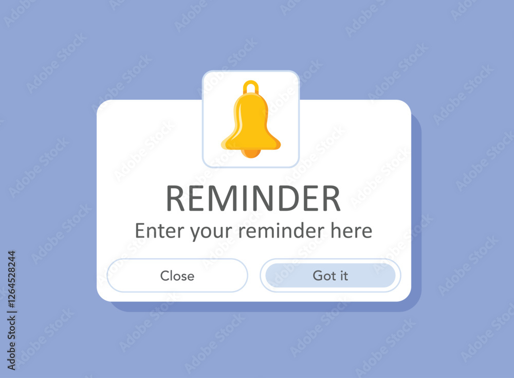 Poster reminder notifications page with alert bell icon in flat style. event notice message vector illustra
