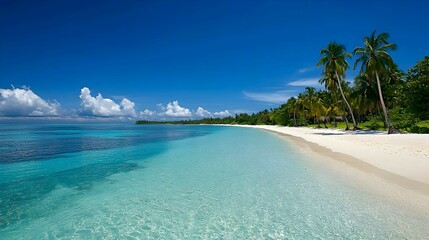 Fototapeta premium Tropical Paradise White Sand Beach Crystal Clear Turquoise Water Palm Trees