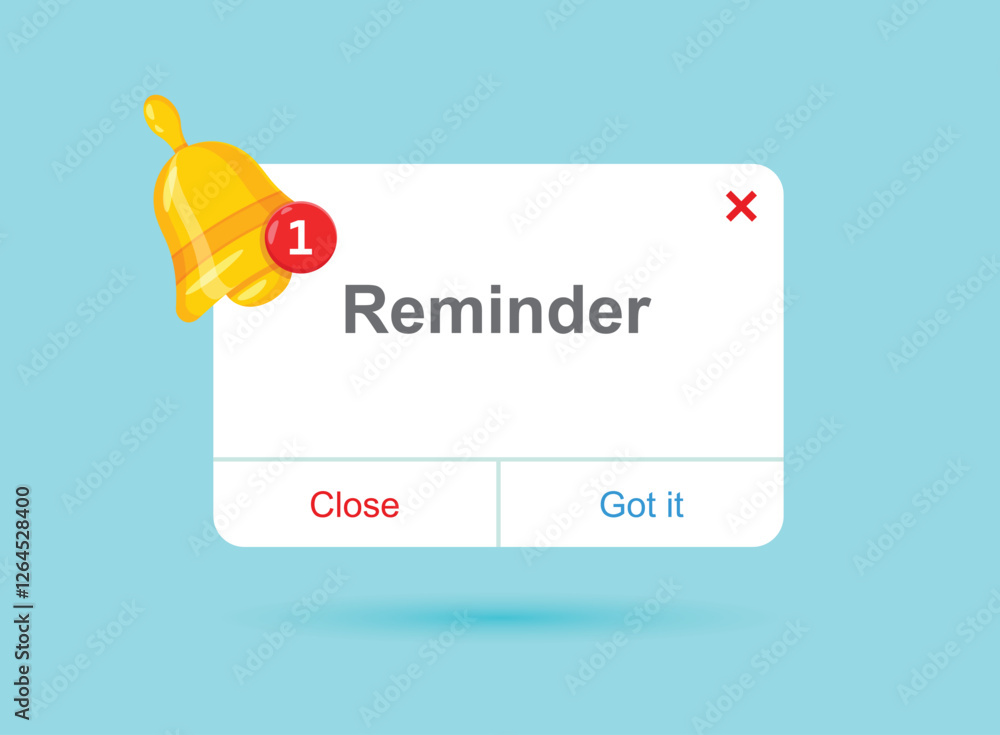 Poster reminder notifications page with alert bell icon in flat style. event notice message vector illustra