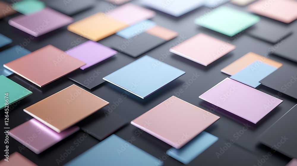 Poster colorful abstract squares arranged on a dark surface, creating a modern, geometric pattern.