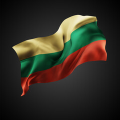 Obraz premium Lithuania, vector 3d flag with waves on a black background