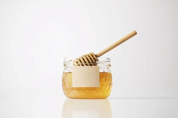 Elegant glass jar of hand-poured honey with a wooden dipper, featuring a rustic label highlighting its natural ingredients against a white background.