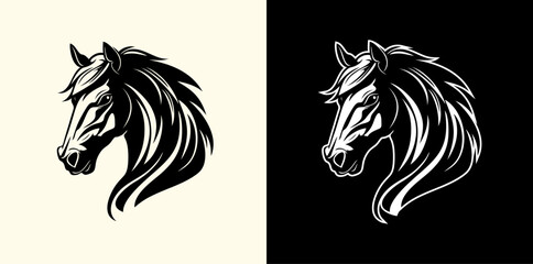 Fototapeta premium Beautiful Black And White Horse Head Silhouette, horse head vector, isolated on white background, black and white, Basic simple Minimalist, Image for logo, design and tattoo.stallion horse, running