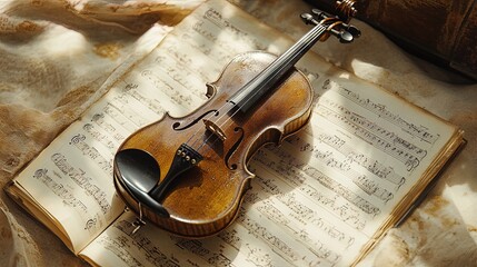 Naklejka premium Elegant violin resting on sheet music in soft, dramatic lighting