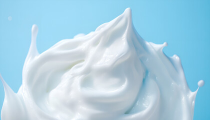 Face cleansing mousse swirl sample. White cleanser foam bubbles on blue background, copy space. Soap, shower gel, shampoo foam texture closeup