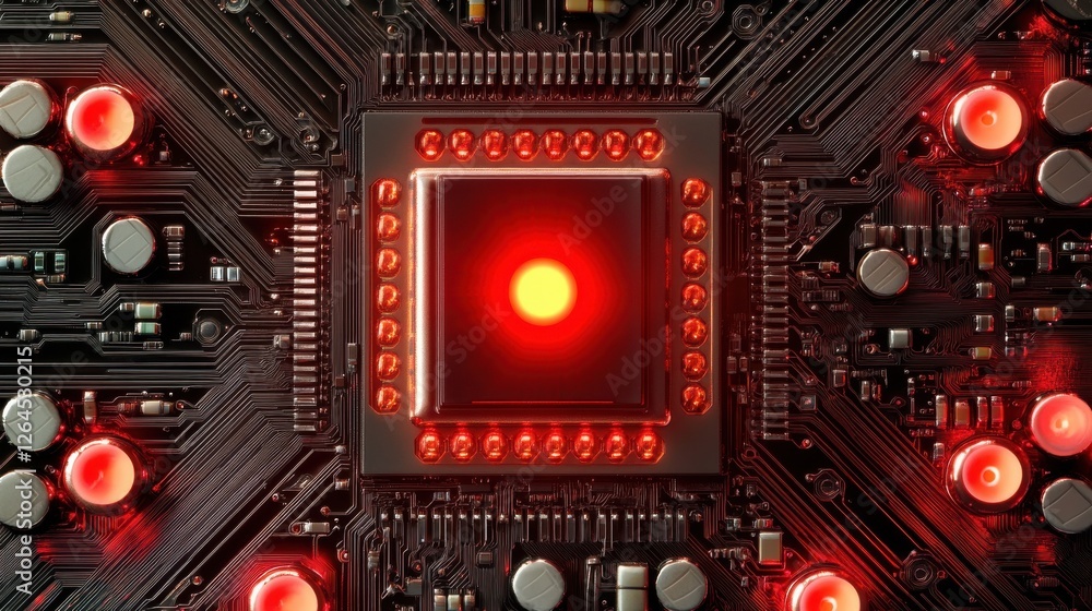 Poster a close-up of a computer circuit board with a central processor chip glowing with red light.