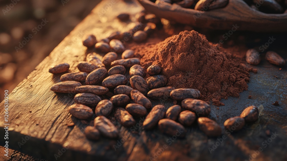 Poster cacao beans and cocoa powder arranged on rustic wooden surface during evening light. generative ai