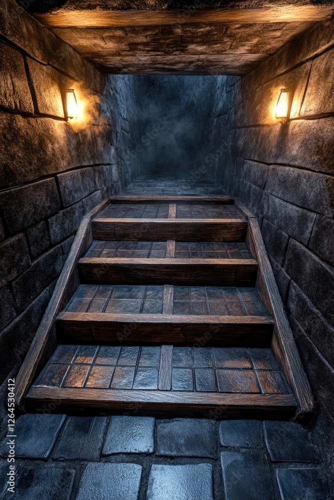 Poster exploring dark staircase mysterious dungeon architectural photograph gloomy environment low angle de