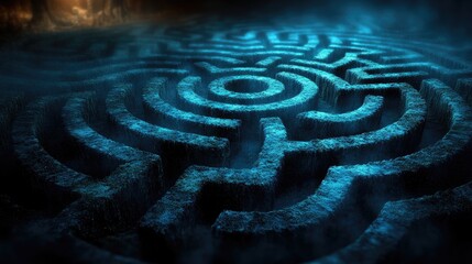 Mystical labyrinth illuminated by ethereal light, surrounded by fog in a dark forest setting