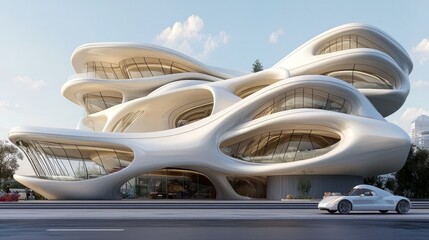 Obraz premium Futuristic Architecture: Sinuous Space-Age Design with Coral-Like Facade | Cinematic Ultra-Detailed Building Concept