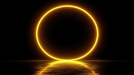 A glowing golden circular light source reflecting on a dark, tranquil surface, creating a serene atmosphere