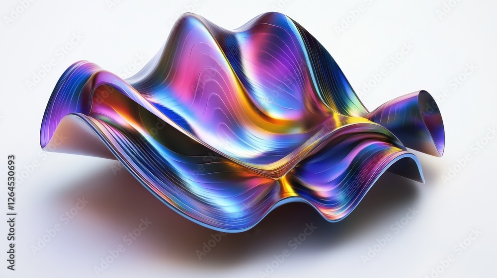 Poster abstract colorful metallic shape with wavy lines and iridescent colors.