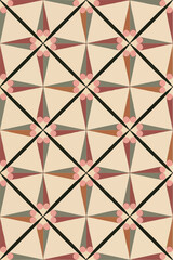 Geometric pattern featuring layered triangles in earthy tones of pink, green, and beige arranged in a diamond layout against a light background