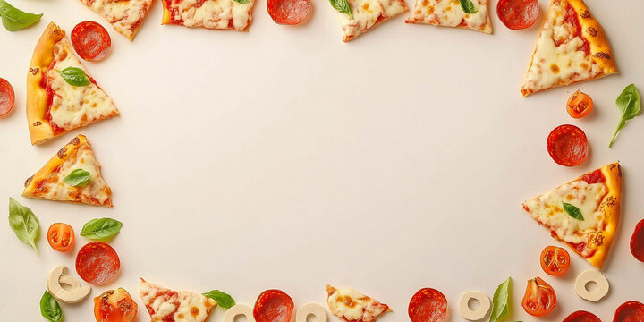 Draufsicht auf einen Rahmen mit Pizza und mit Platz f&uuml;r Text in der Mitte - Werbeschild