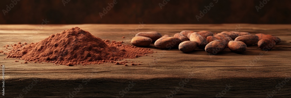 Poster cocoa powder and cocoa beans arranged on an aged wooden surface during late afternoon light. generat